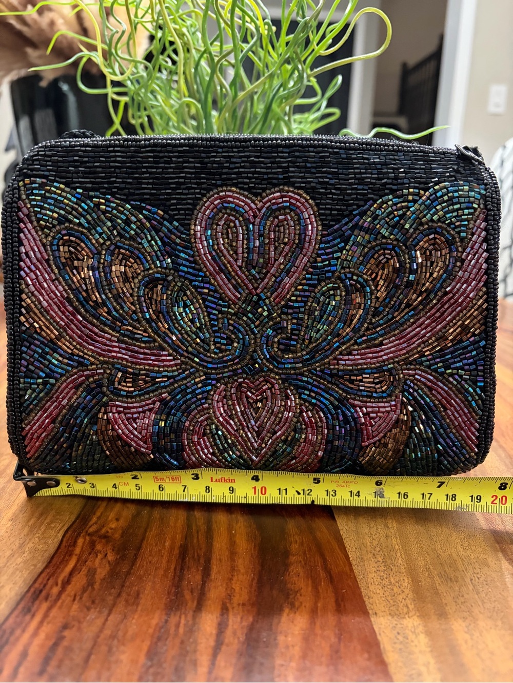 Beaded Heart Motif Zip Pouch Shoulder Bag - Black with Multicolor Beads
